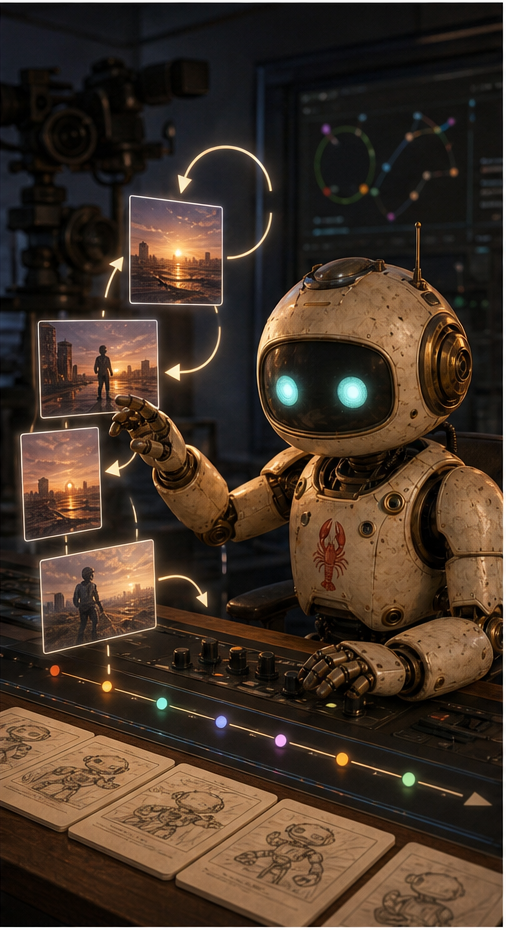 OpenClaw works at a video production desk with storyboard cards, vertical video frames, and editing monitors.