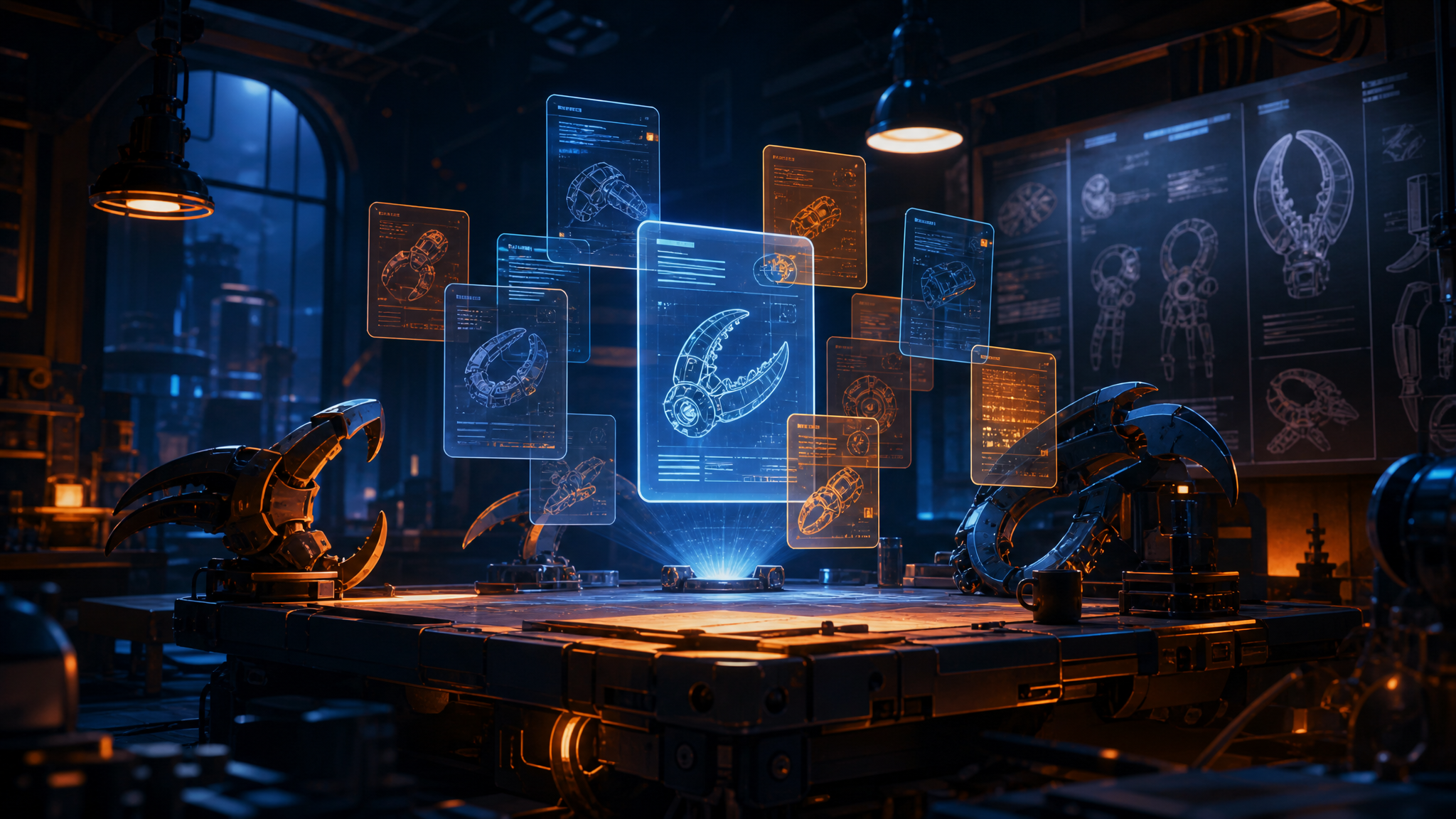 A cinematic AI project foundry with luminous glass project cards, planning boards, prototype schematics, and blue-and-amber workshop lighting.