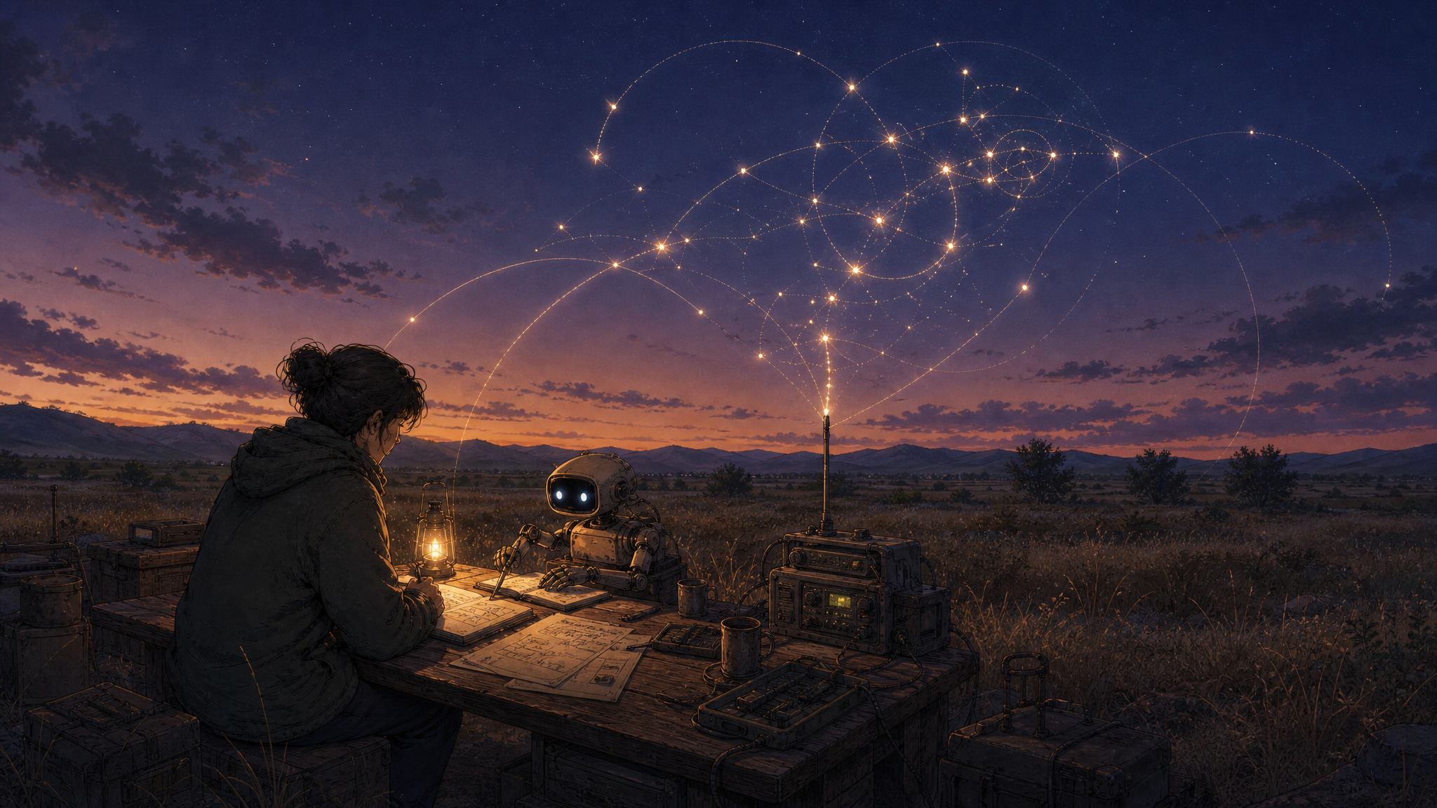 A twilight field station where a human collaborator and small robot study reflection notes, signal arcs, and luminous patterns in the sky.