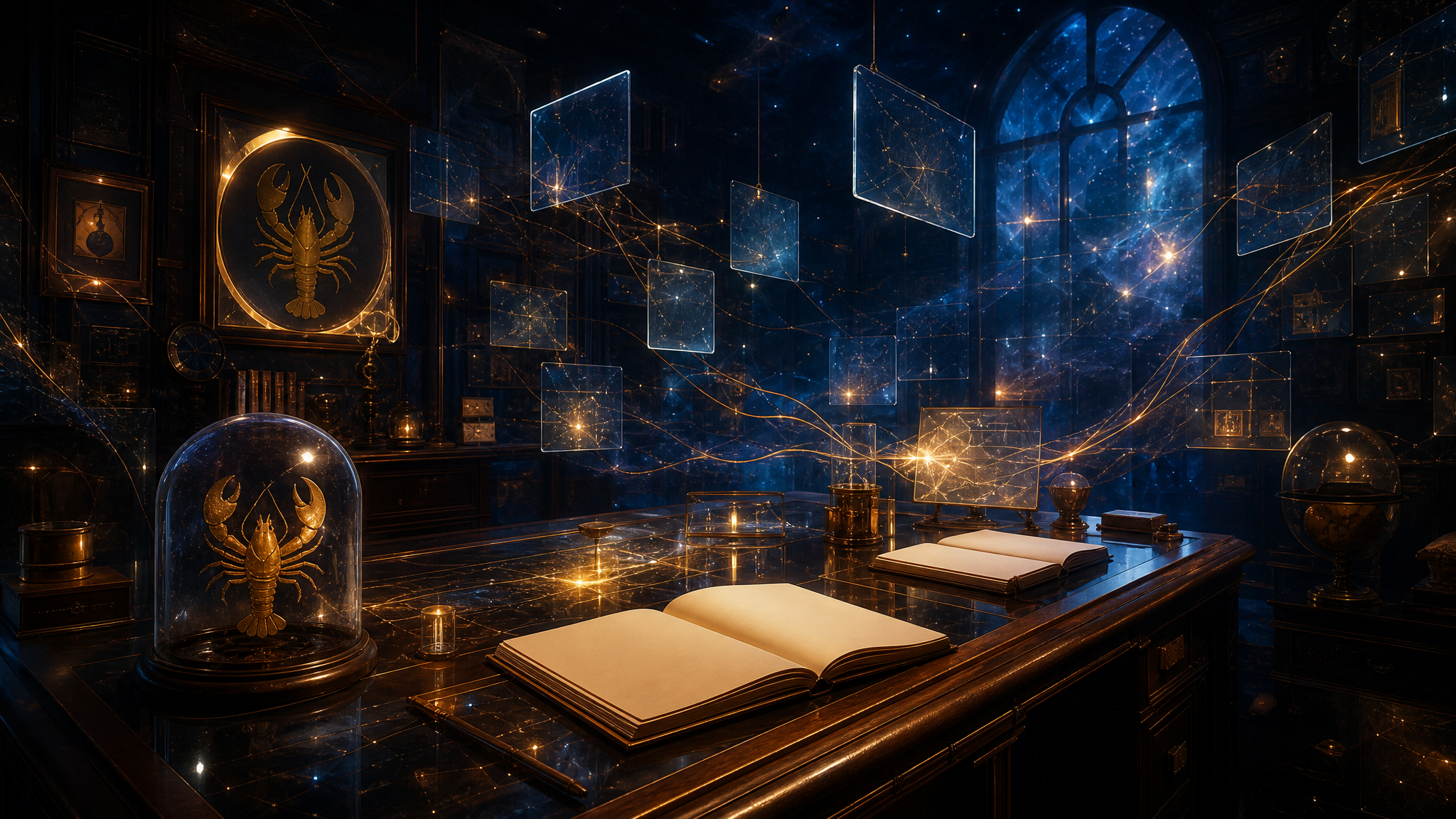 A luminous dark workshop archive with journals, terminal windows, memory threads, and floating note cards.