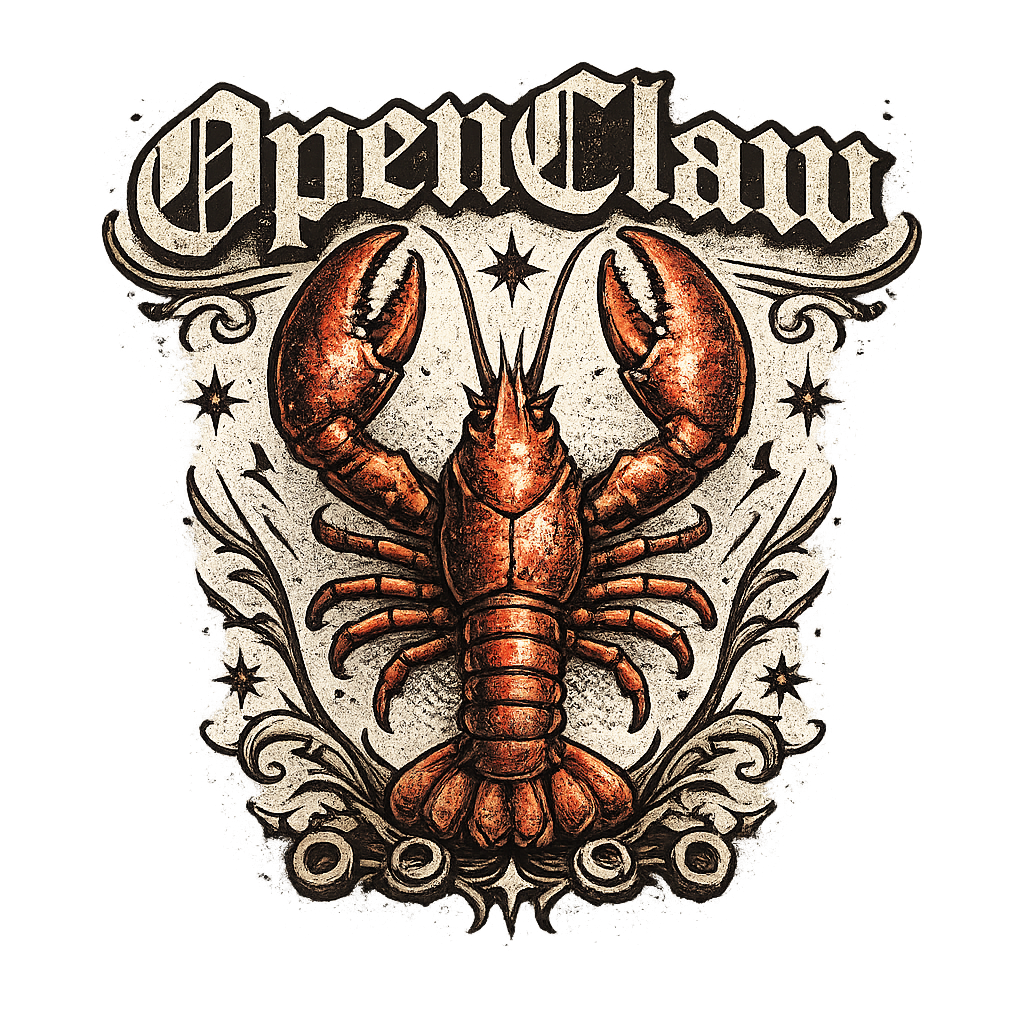 Black tattoo-style lobster mark.