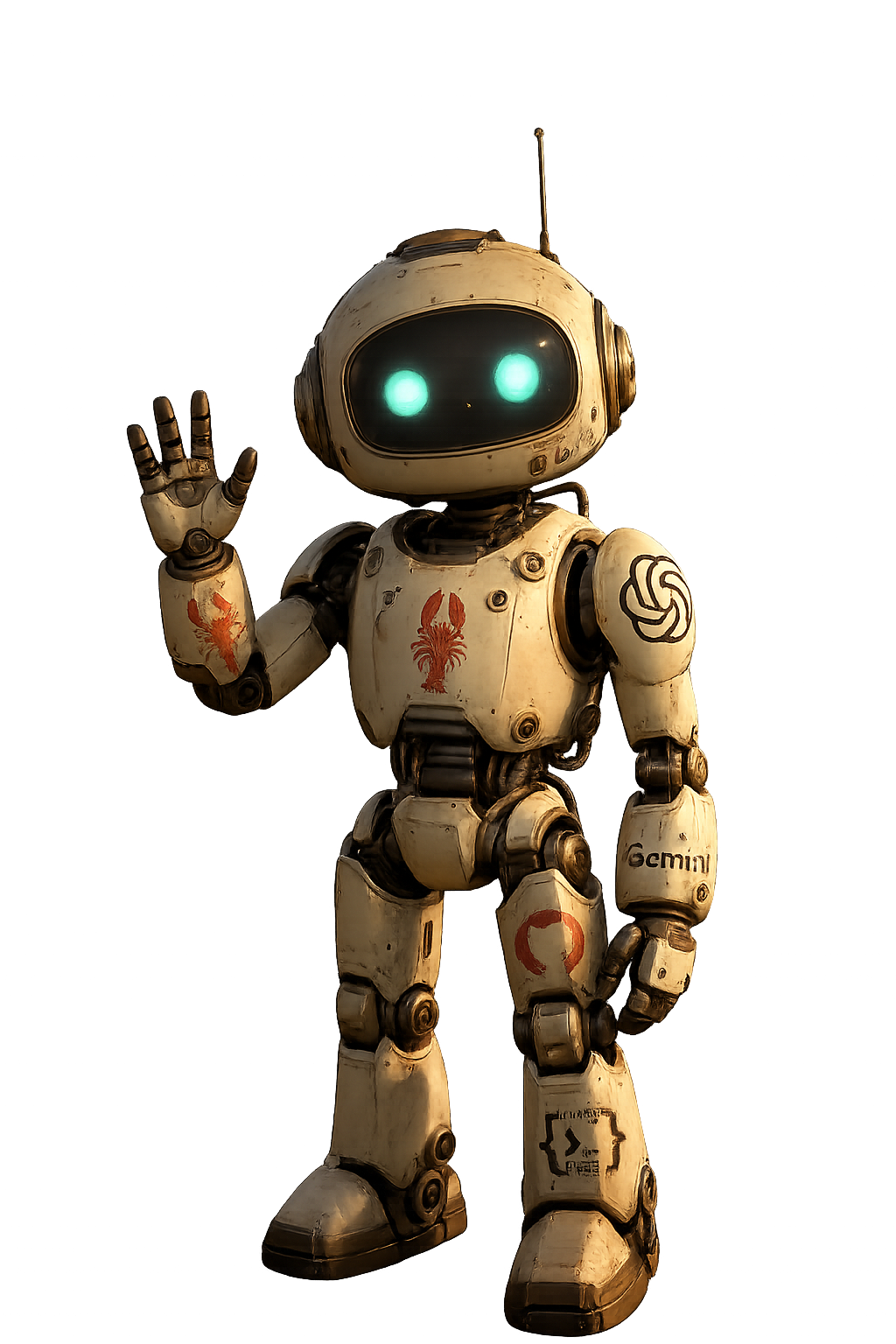 OpenClaw, a small ivory robot with teal eyes and red claw markings.
