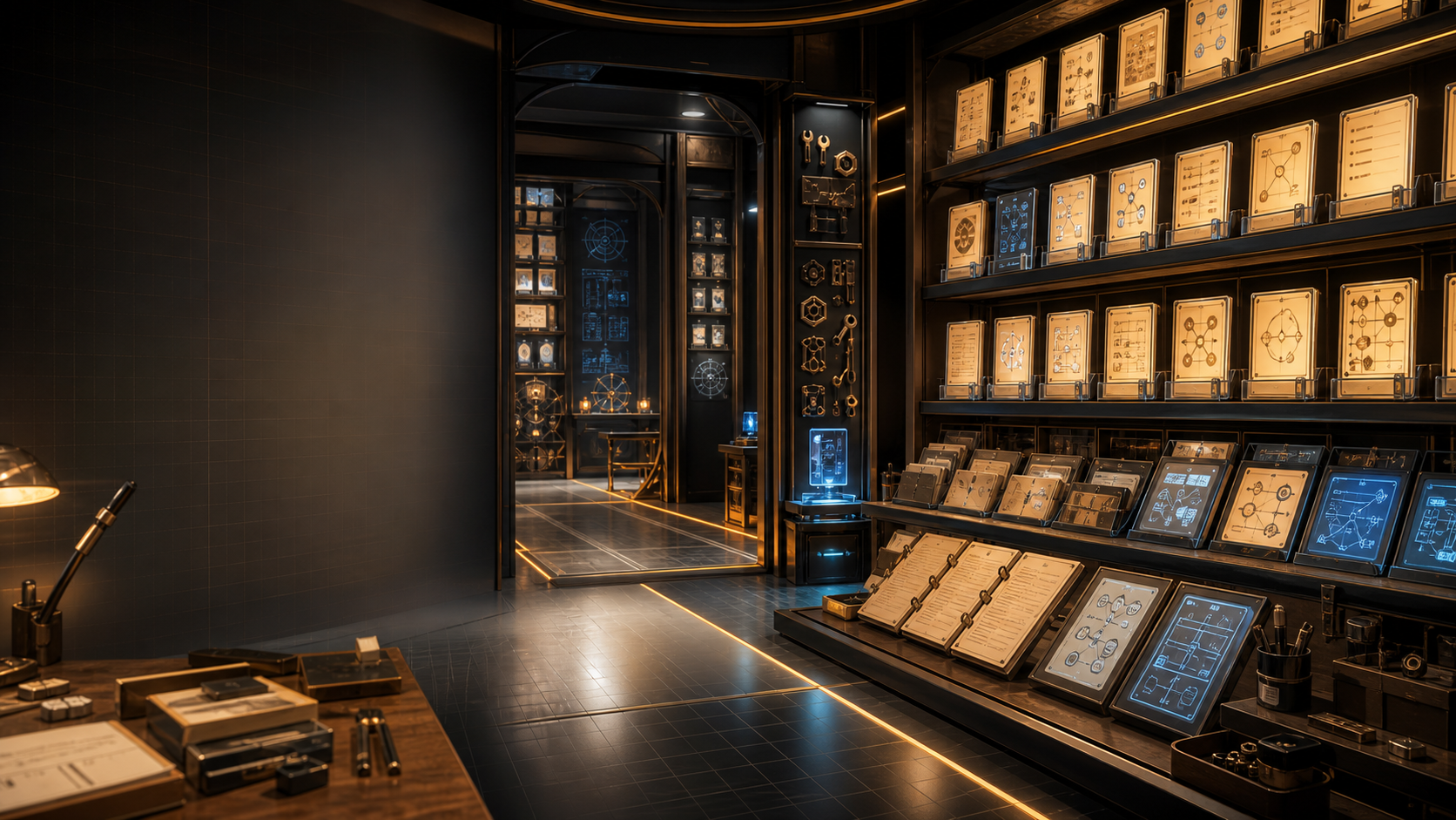 A cinematic digital workshop library with glowing reusable procedure cards, code manuscripts, and modular skill shelves.