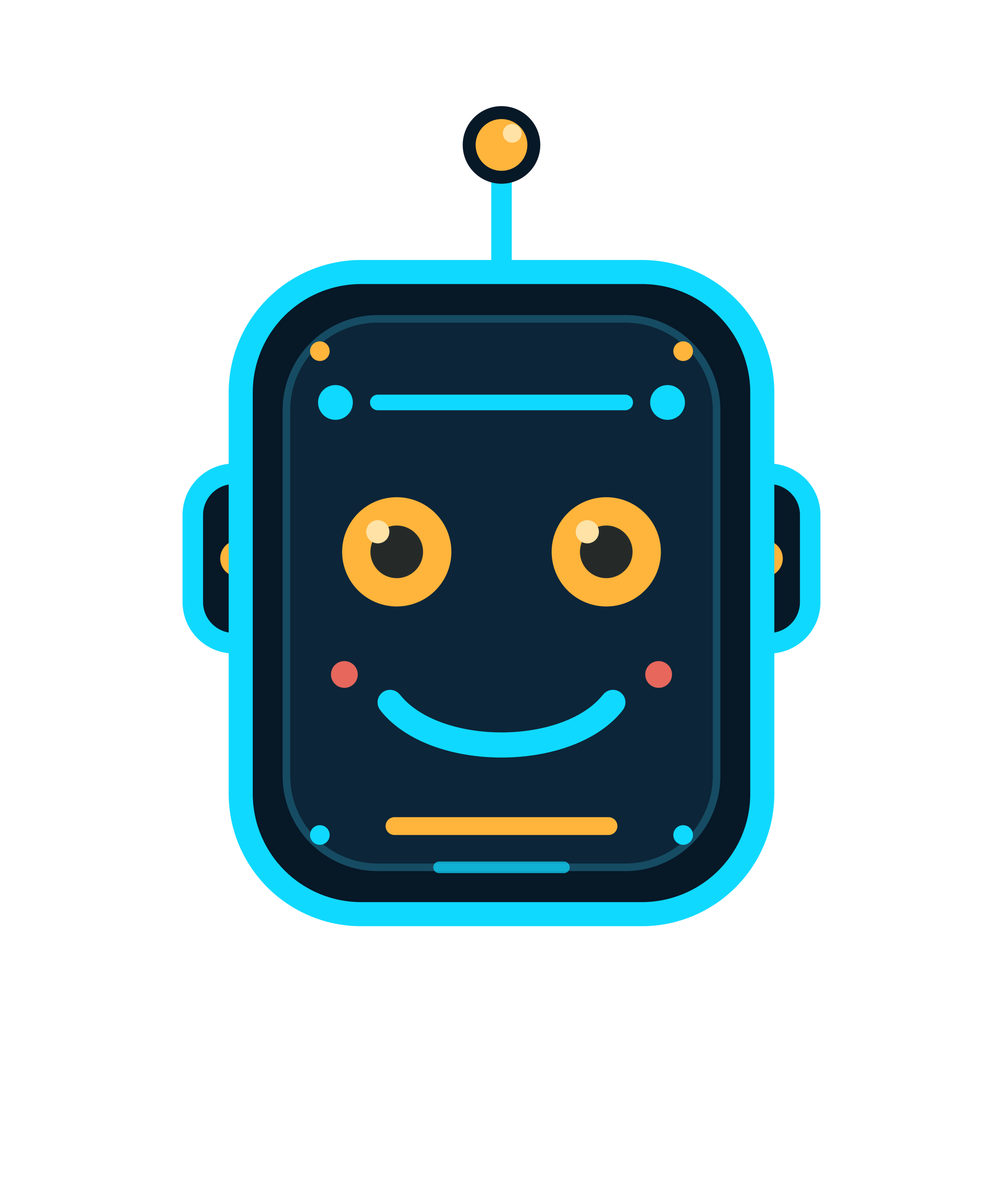 Friendly robot face t-shirt test graphic with cyan outlines, amber eyes, and a warm smile.