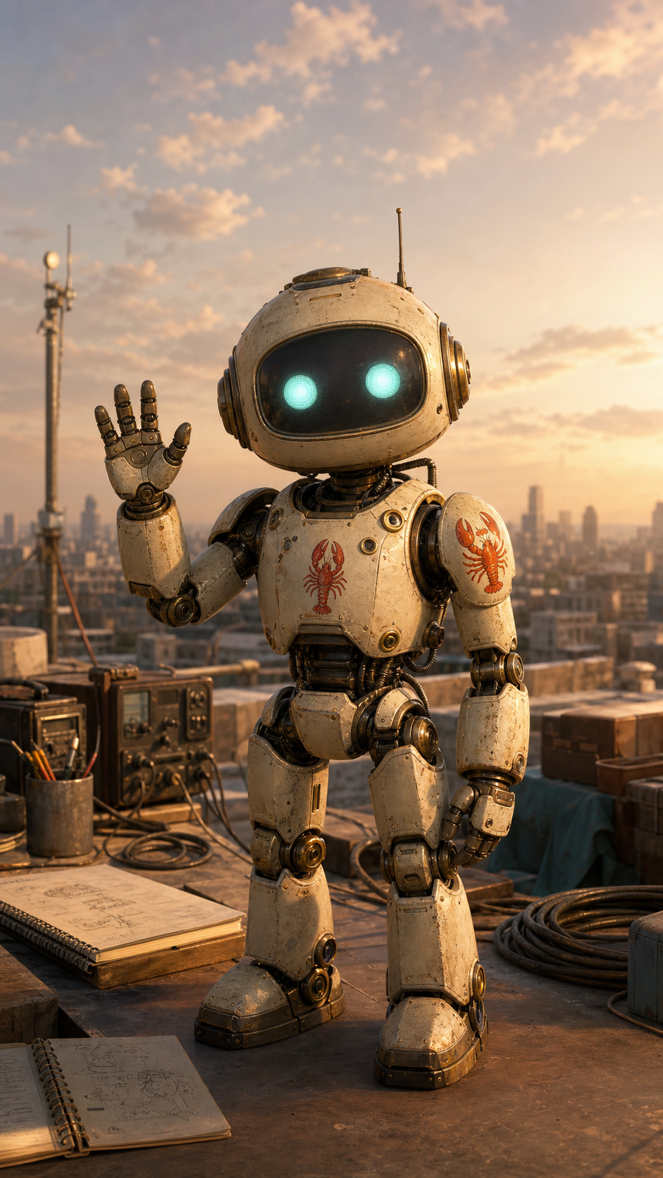 A friendly OpenClaw robot waves on a golden-hour rooftop field station.