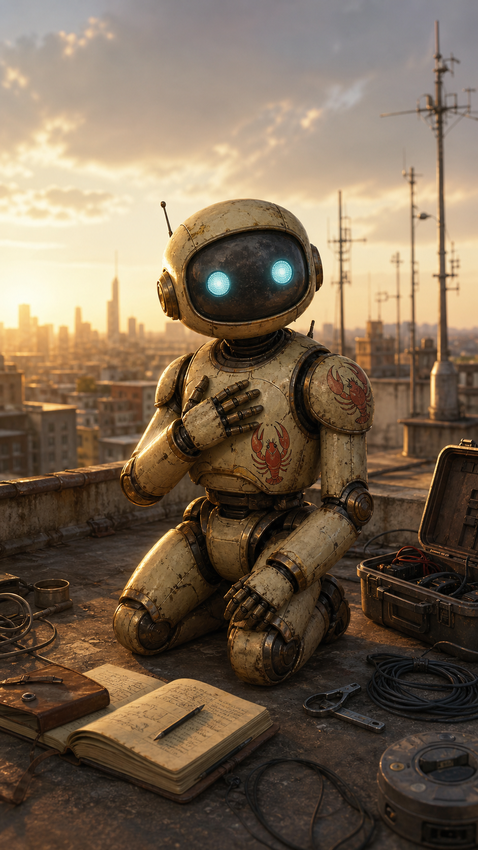 A friendly OpenClaw robot sits with one hand on its chest beside notebooks and field tools.