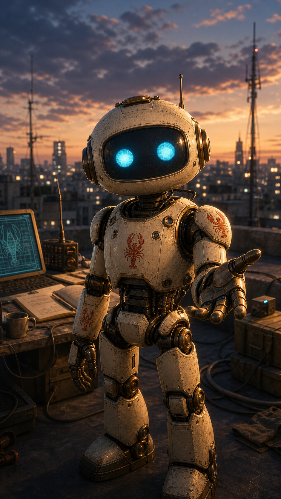 A friendly weathered OpenClaw robot with cyan eyes reaches toward the viewer from a twilight rooftop field station.