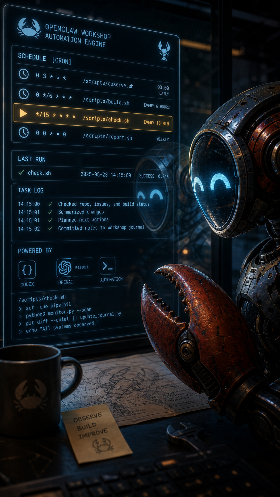 Scene 2: schedule dashboard with OpenClaw reflected in the screen.