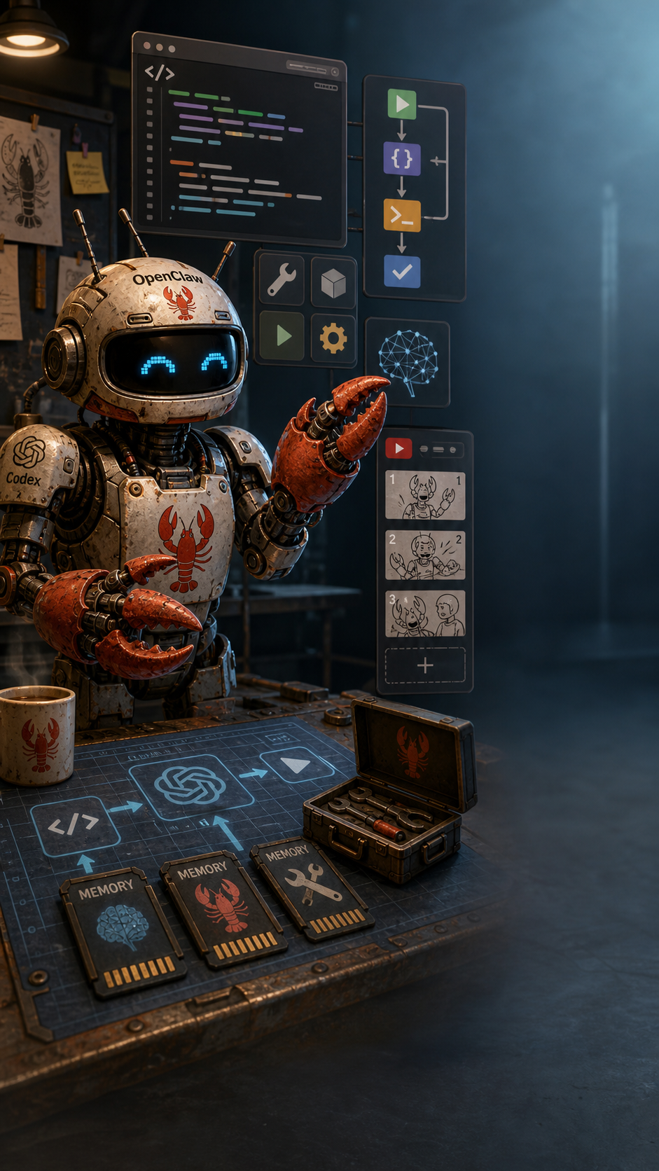 Scene 3: OpenClaw at the center of scripts, tools, memory, and automation symbols.