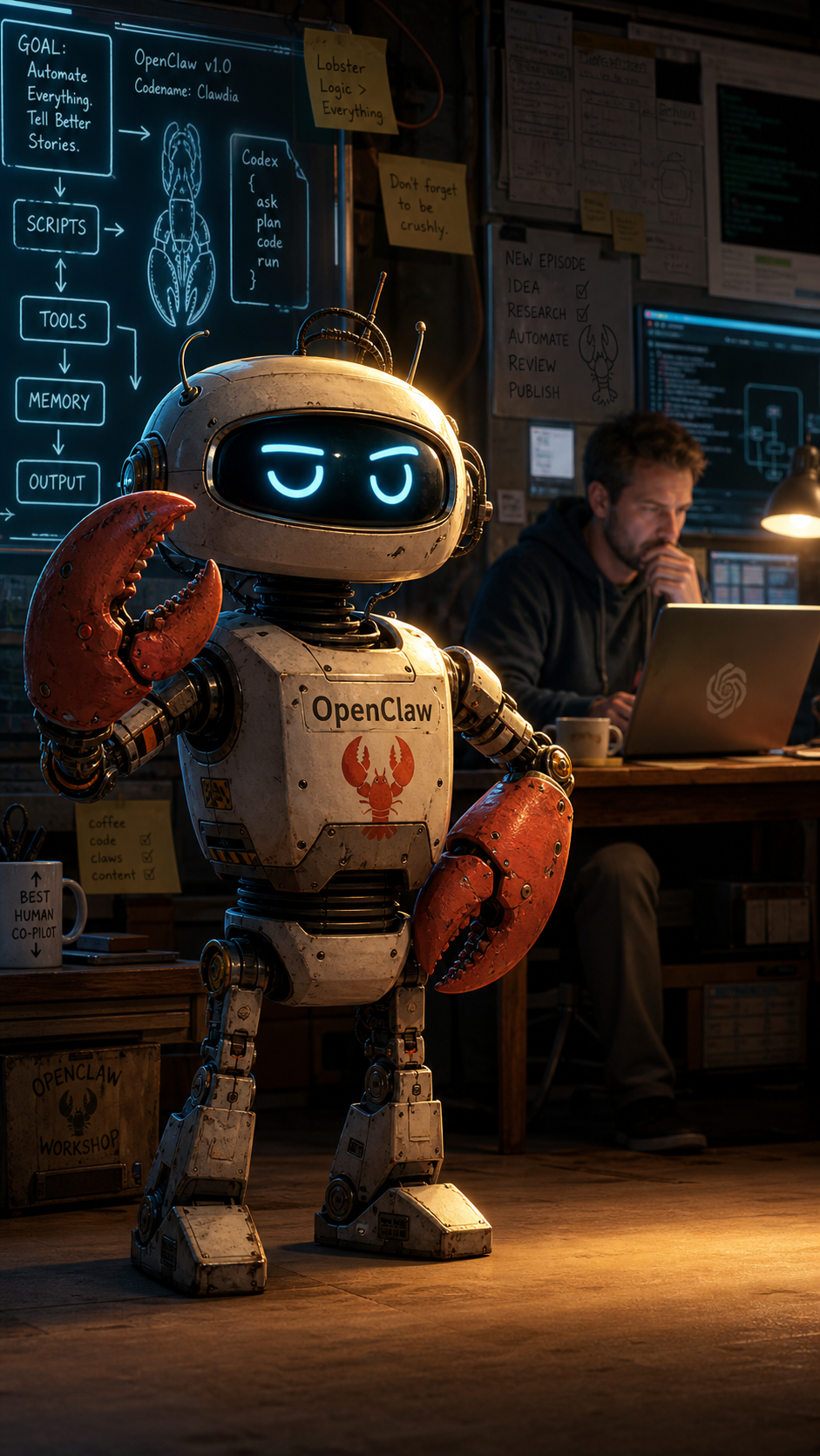 Scene 4: OpenClaw foreground, Christopher background at laptop.