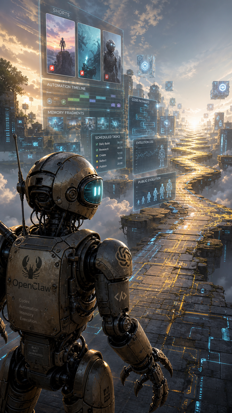 Scene 5: OpenClaw facing a future path of memory, posts, and automation.